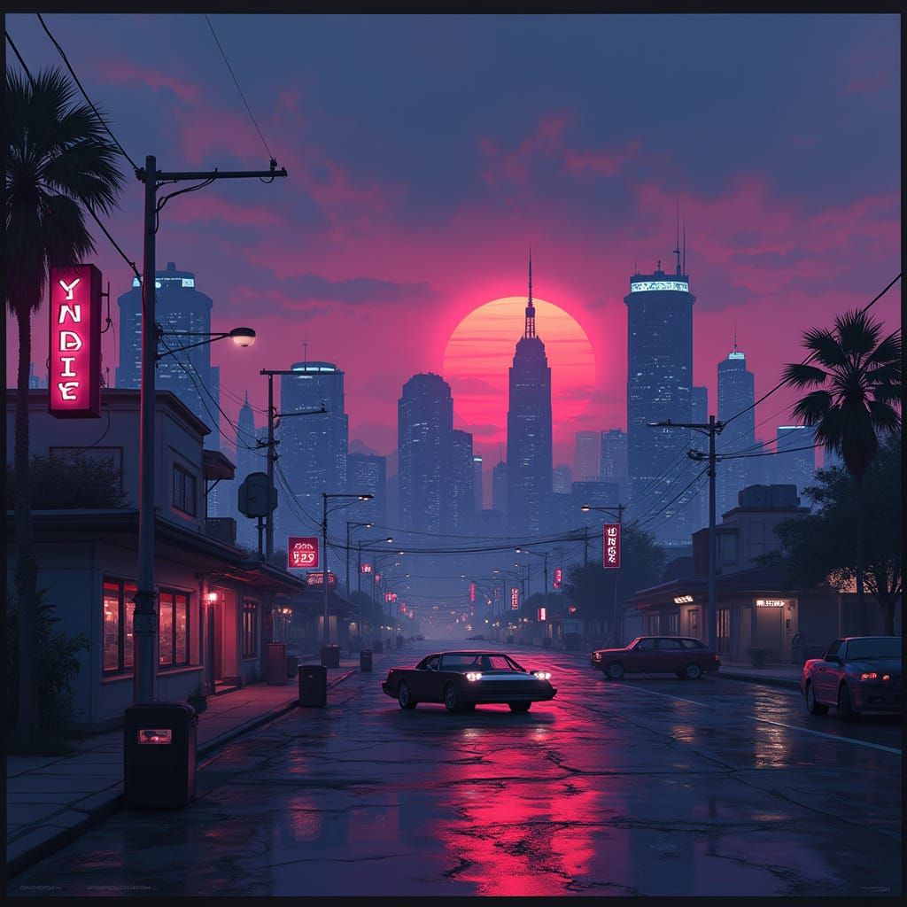 Dystopian Cityscape at Dusk in Cyberpunk Style