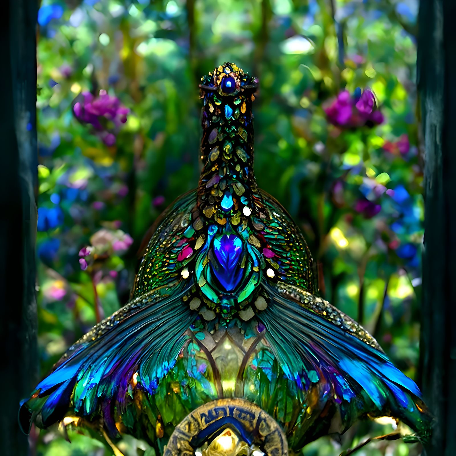 Iridescent Peacock with Art Nouveau Floral Background