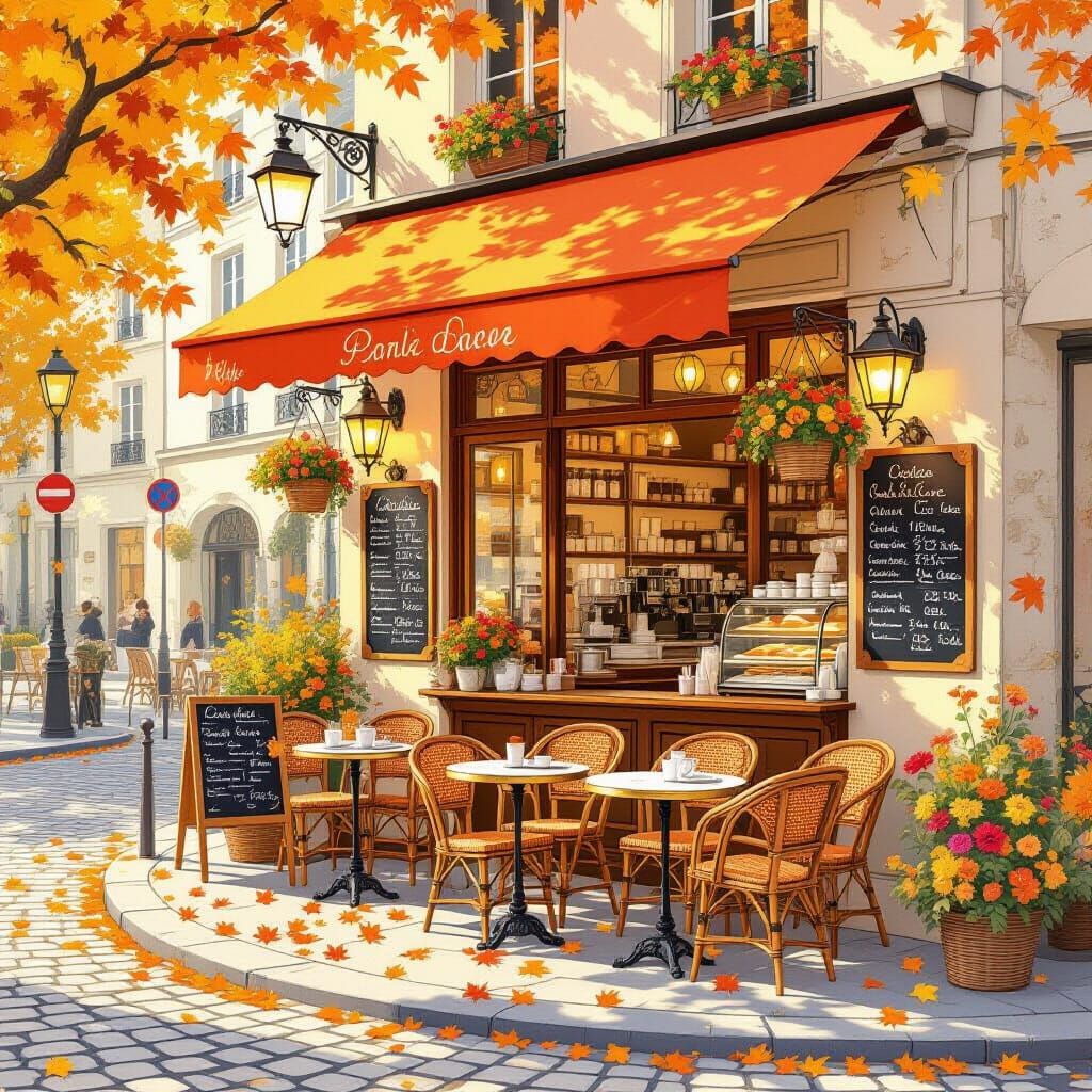 Charming Parisian Cafe in Autumn Sunlight