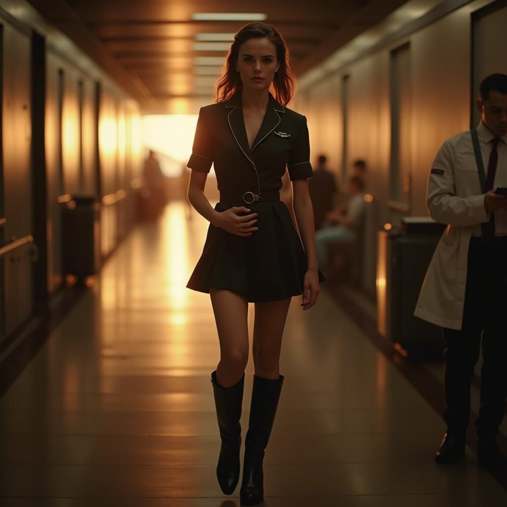 Elegant Flight Attendant in Dimly Lit Airport Corridor