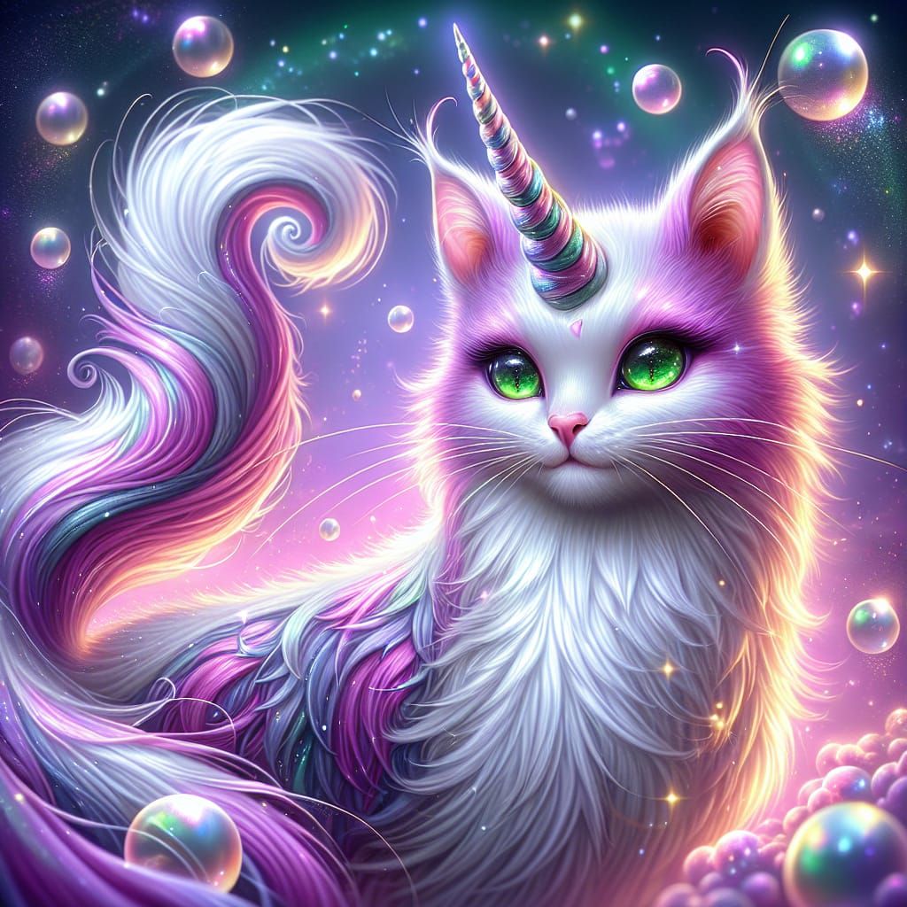 Enchanting Unicorn Cat in Surreal Landscape