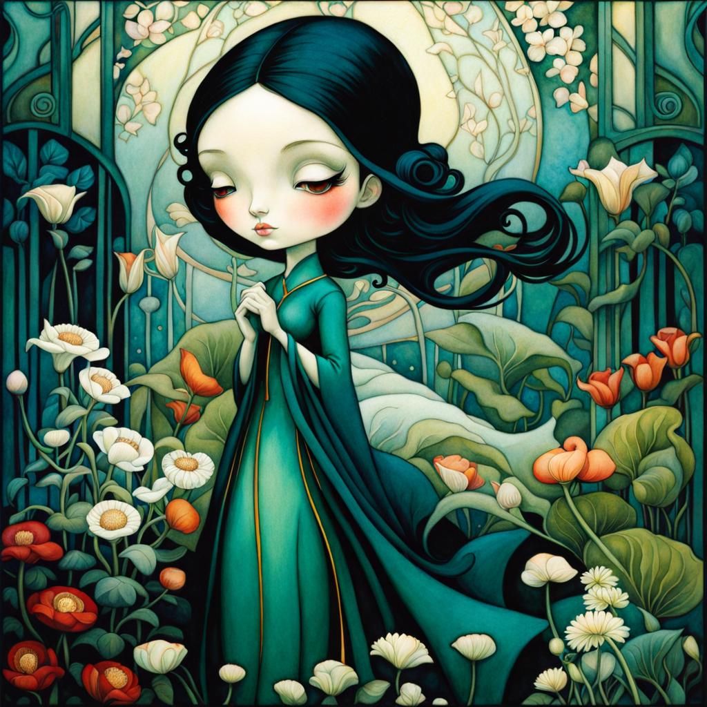 Lush Art Nouveau Garden: Botanical Illustration