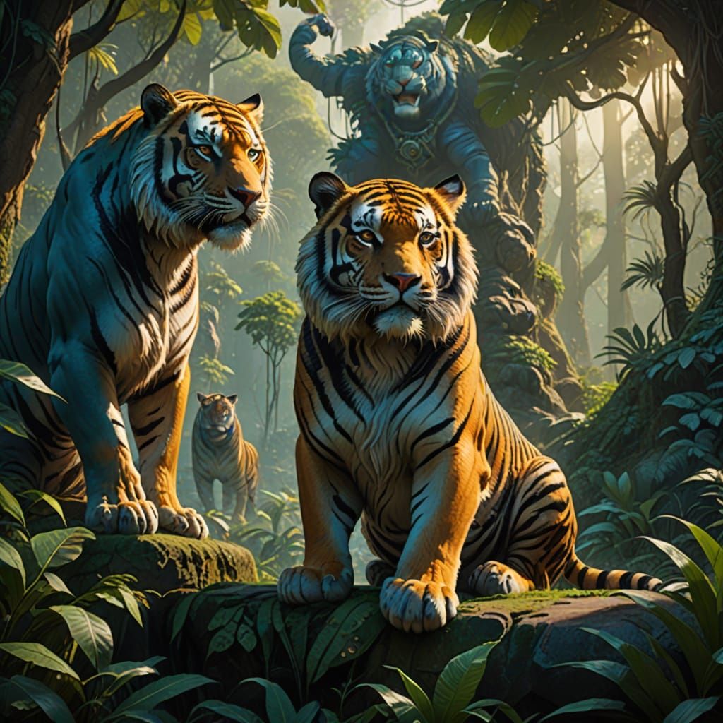 Regal Minion Rides Bengal Tiger in Vibrant Jungle Scene