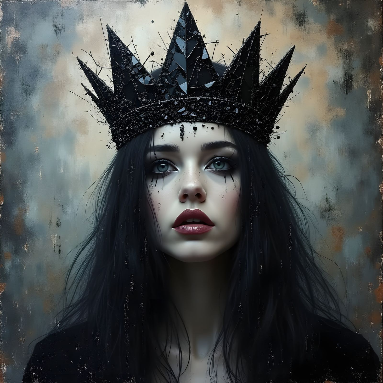 Queen with Black Glass Crown in Grunge Encaustic Style