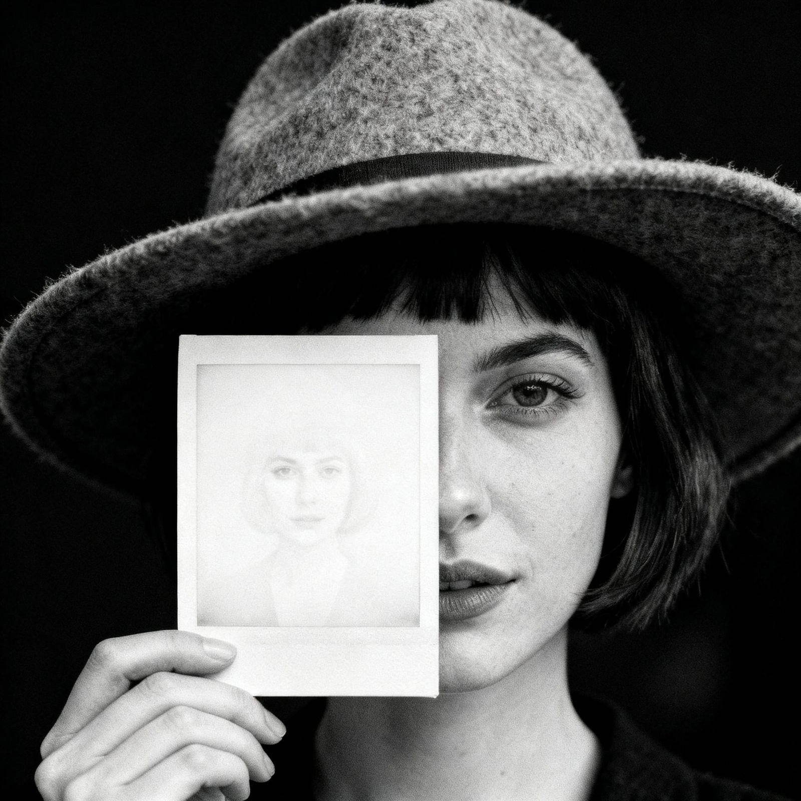 Black and White Portrait of Woman in Felt Hat Holding Polaro...