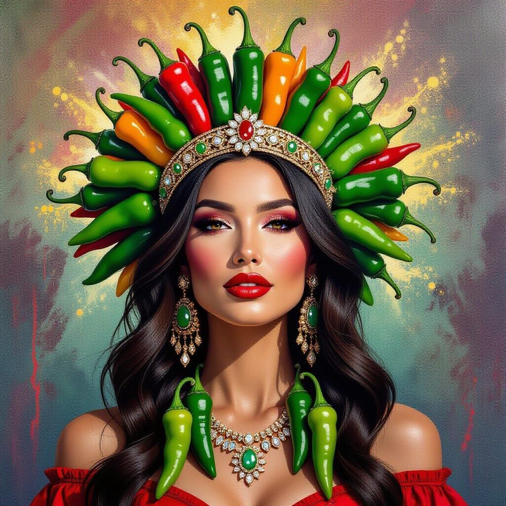 Queen of Green Chile Peppers in Graffiti Art Style