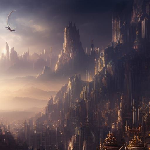 Angel Above Fantasy City in Digital Matte Painting