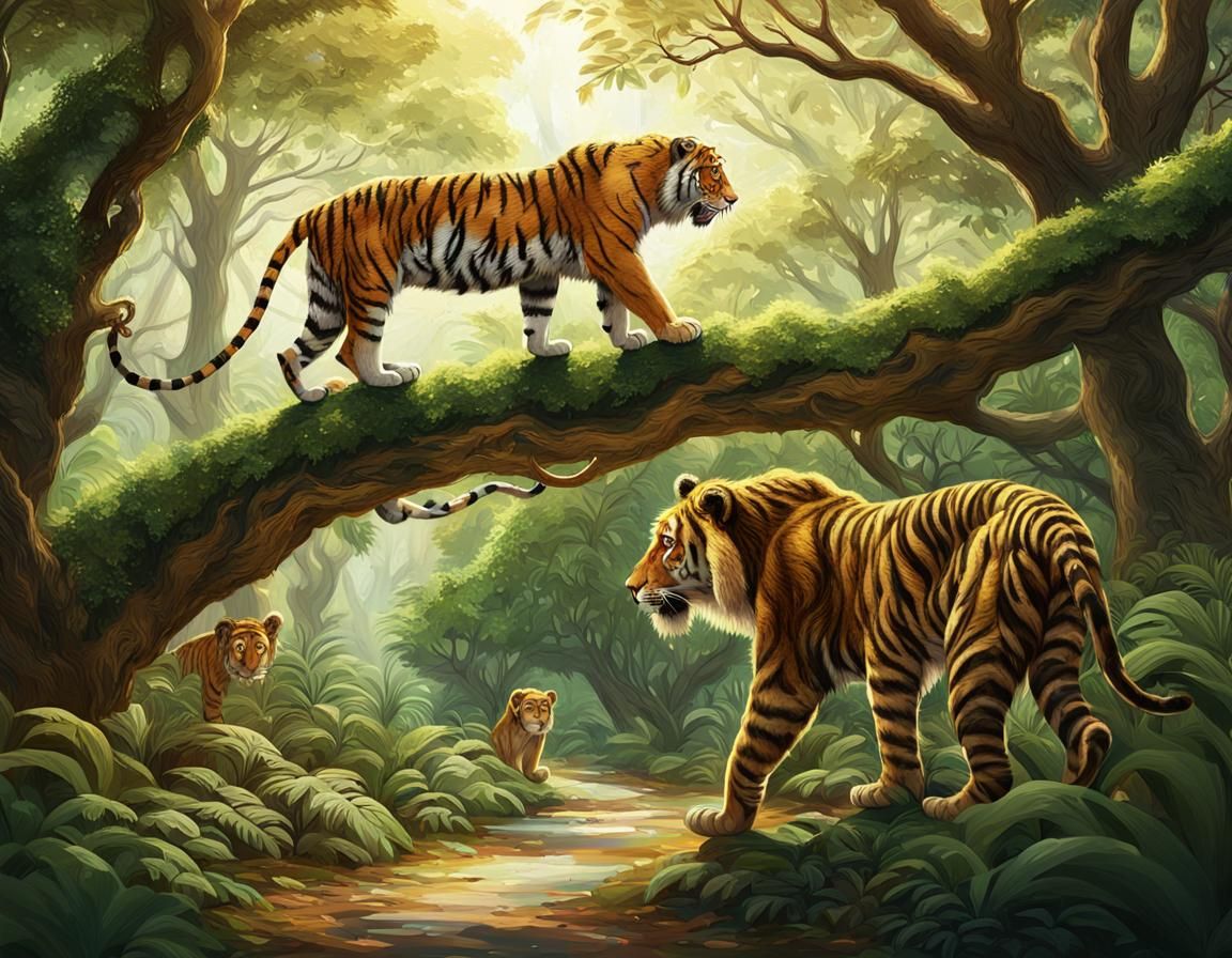 Tiger and Lion in Forest, Hyperrealistic Concept Art
