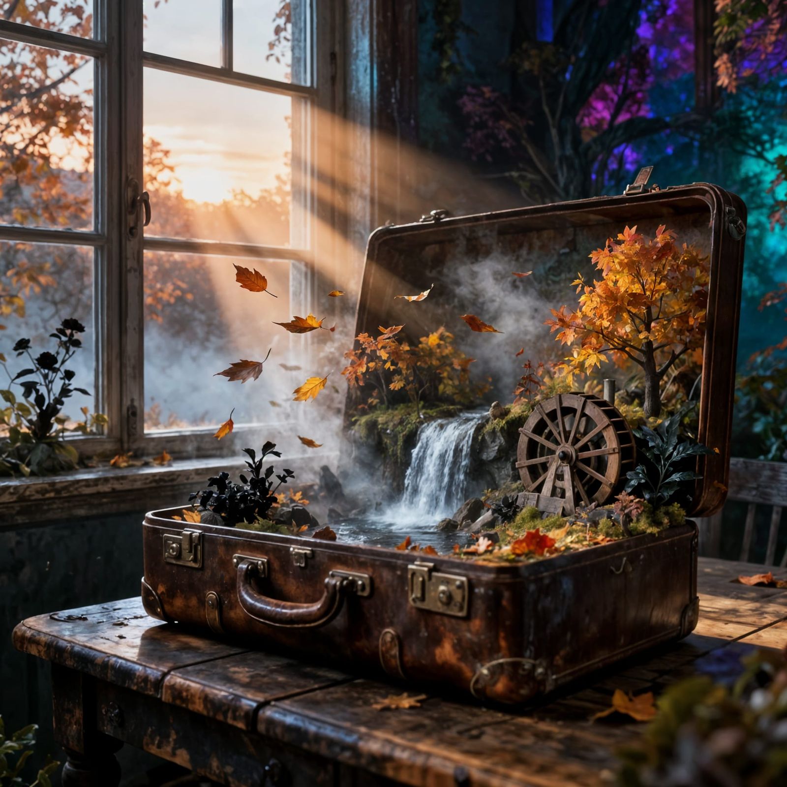 Autumn Landscape Unfolds in Open Suitcase