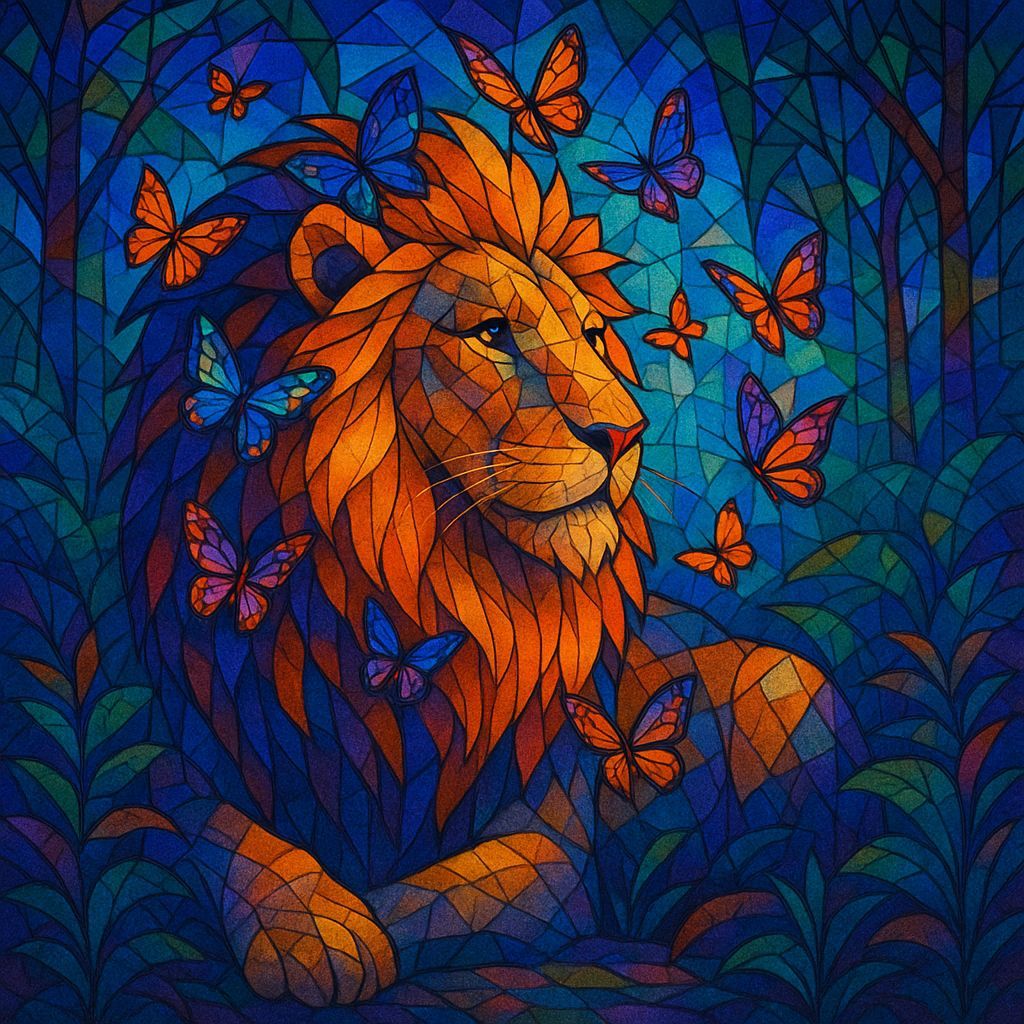 Majestic Lion with Butterflies in Stained Glass Art