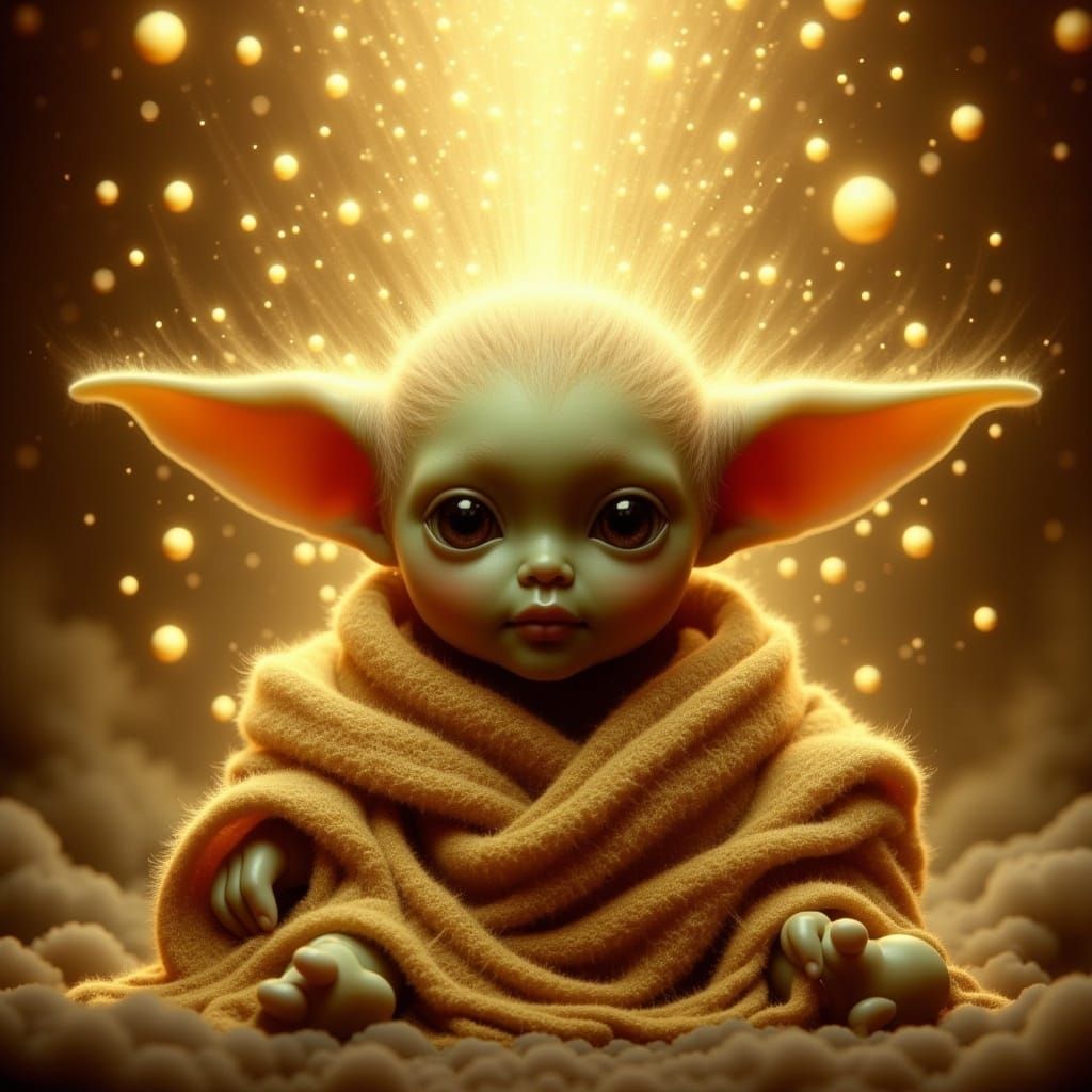 Joyful Baby Yoda in Dreamlike Digital Art