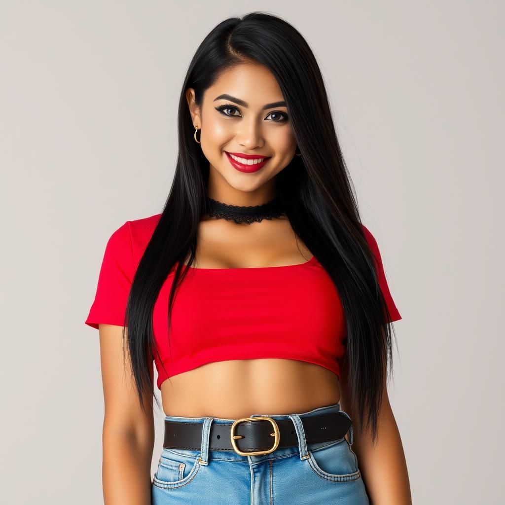 Latina Woman with Beguiling Smile in Red Crop Top
