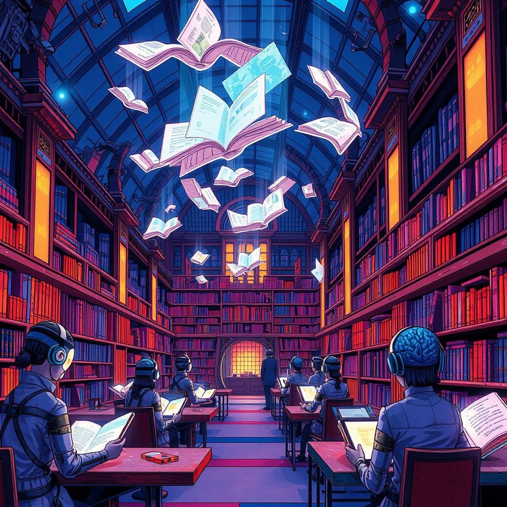 Futuristic Library with Holographic Books in Surreal Style
