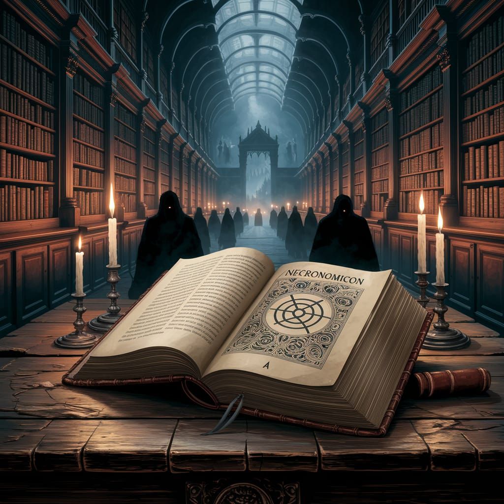 Necronomicon in Ancient Library, Gothic Horror Style