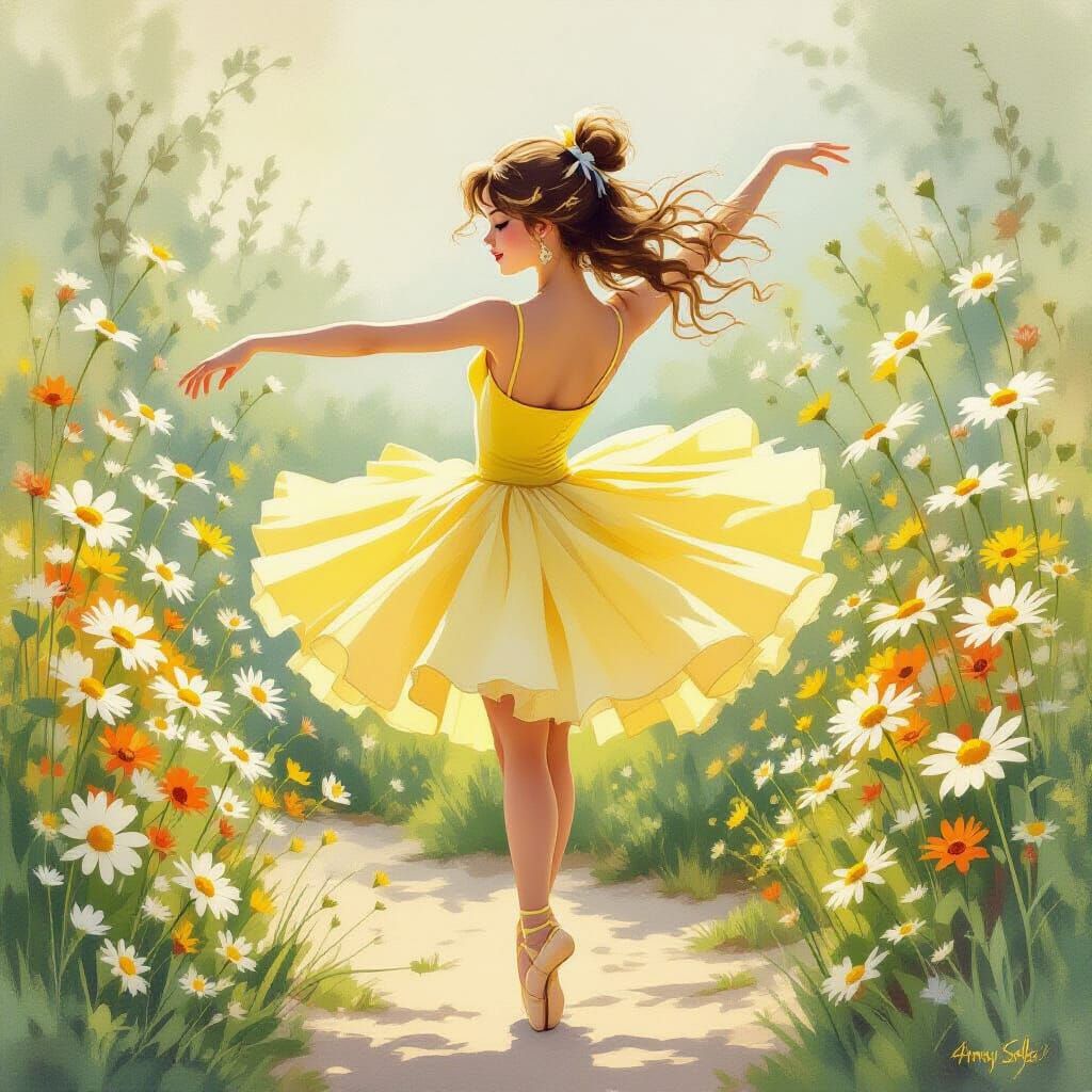 Ballerina Dancing Among Daisies in Watercolor Whimsy