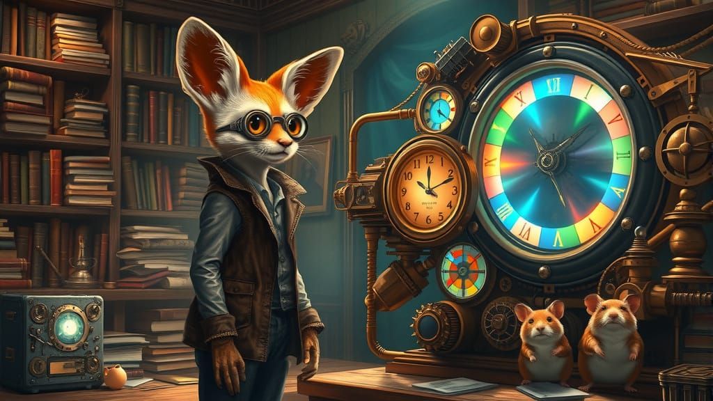 Steampunk Inventor and Hamster Minions Amidst a Whimsical Ti...