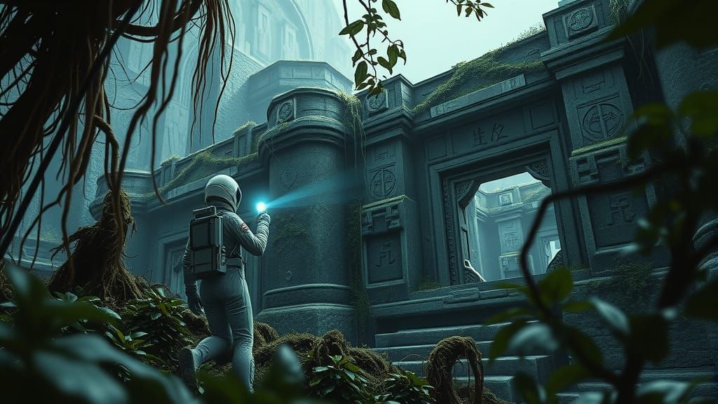 Astronaut Explores Ancient Ruins on Alien Planet