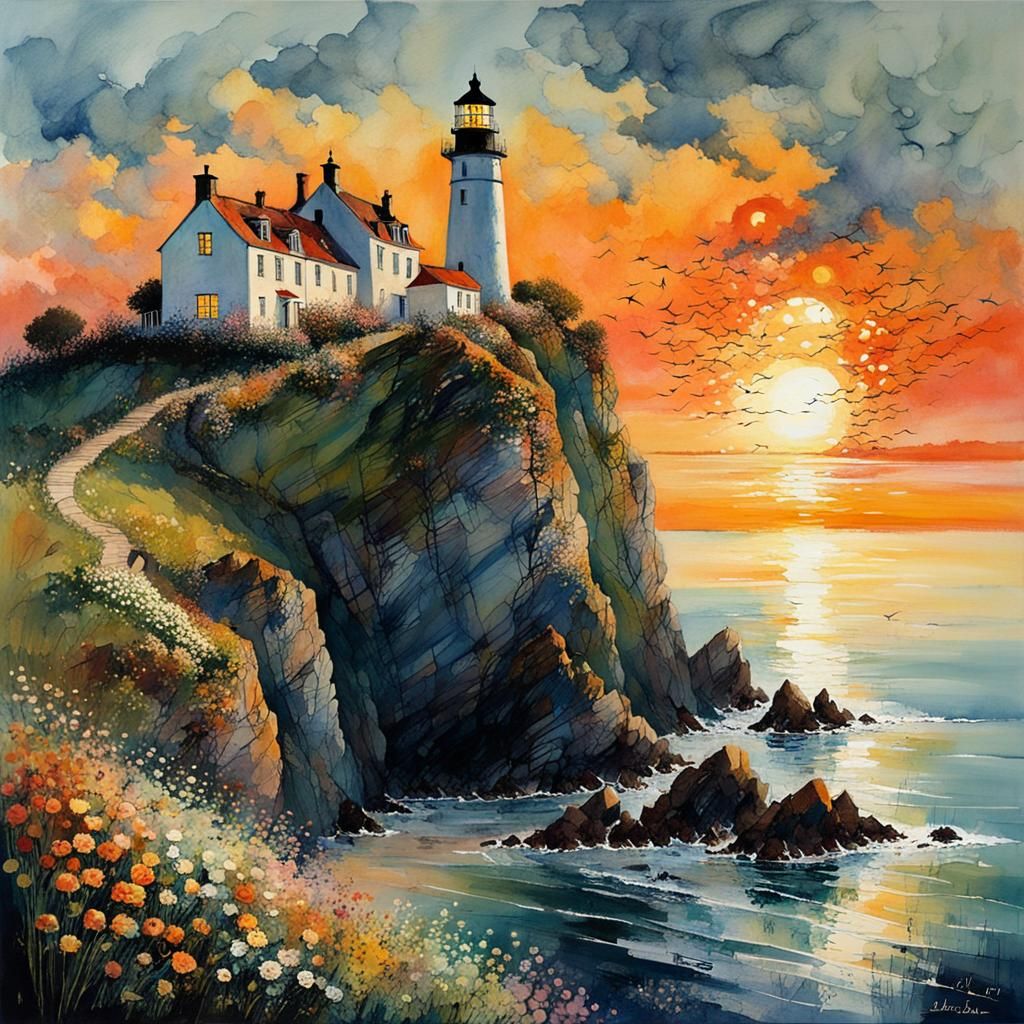 Lighthouse on Flowering Cliff at Sunset: Impressionistic Sty...