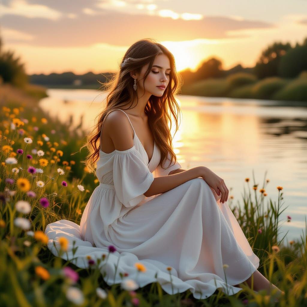 Riverside Sunset Portrait in Hyper-Realistic Style