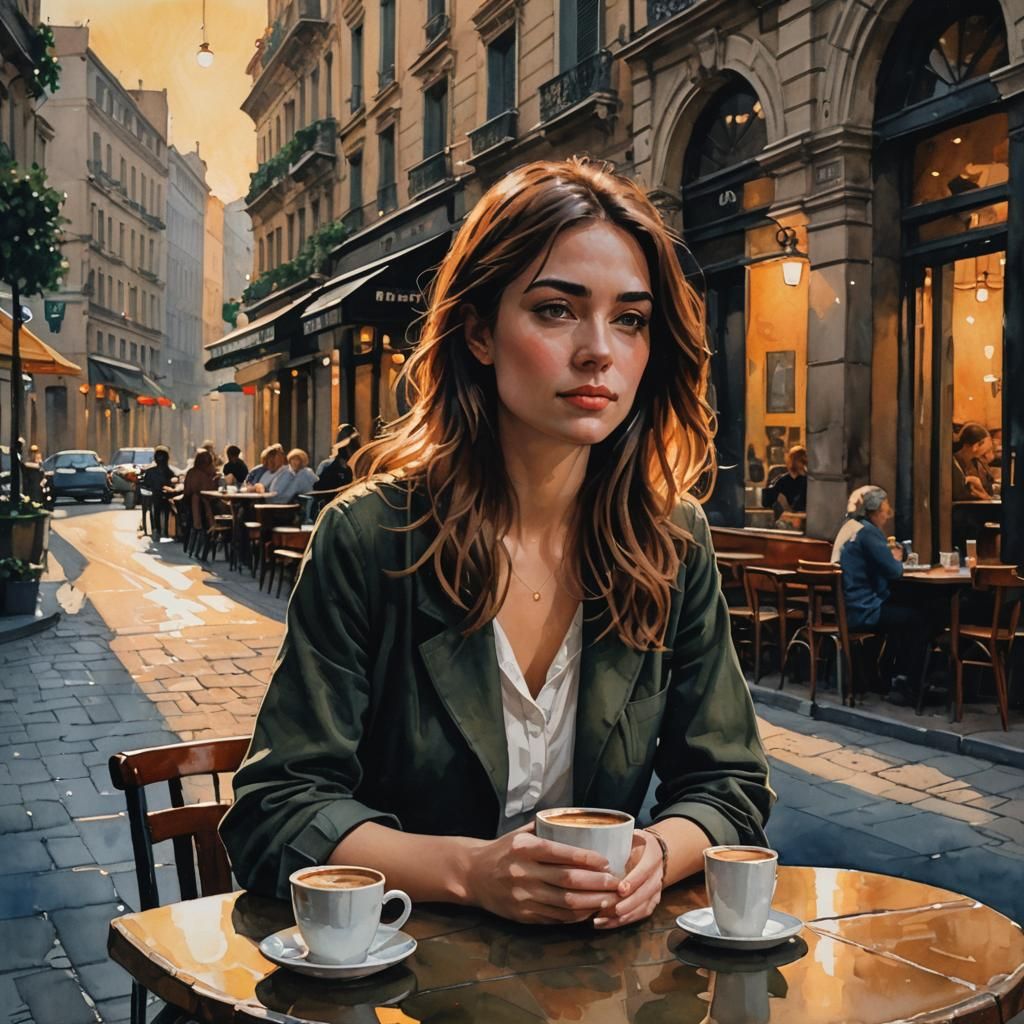 Sad Woman at Milan Cafe as Impasto Watercolor