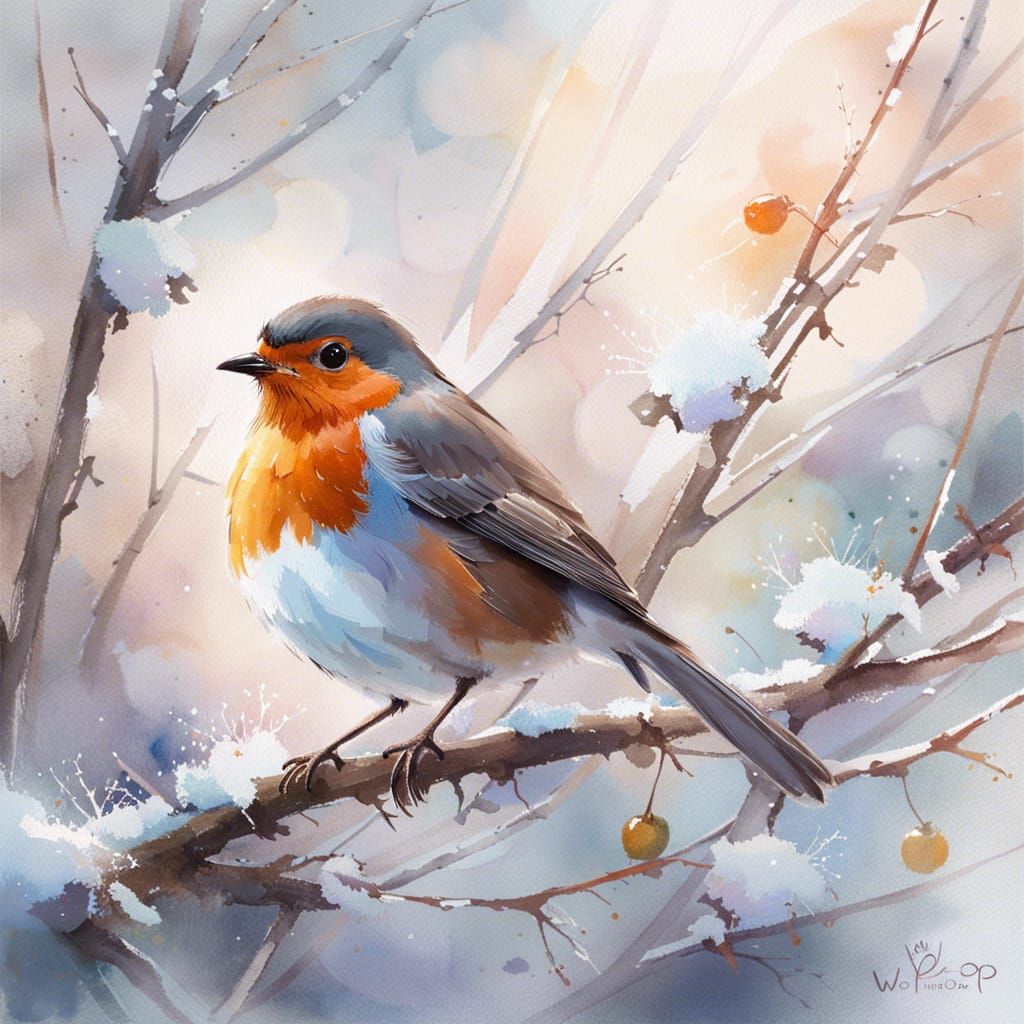 Pastel Robin in Frosty Tree, Gouache Watercolor Art