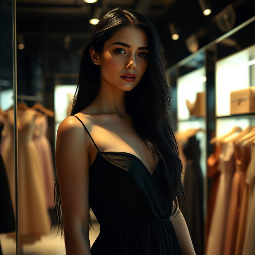 Woman Selecting Dress in Luxurious Boutique