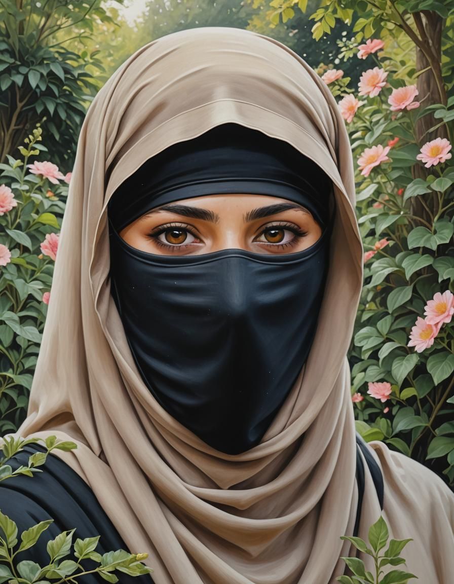 Niqabi Portrait in Garden, Detailed Oil Painting