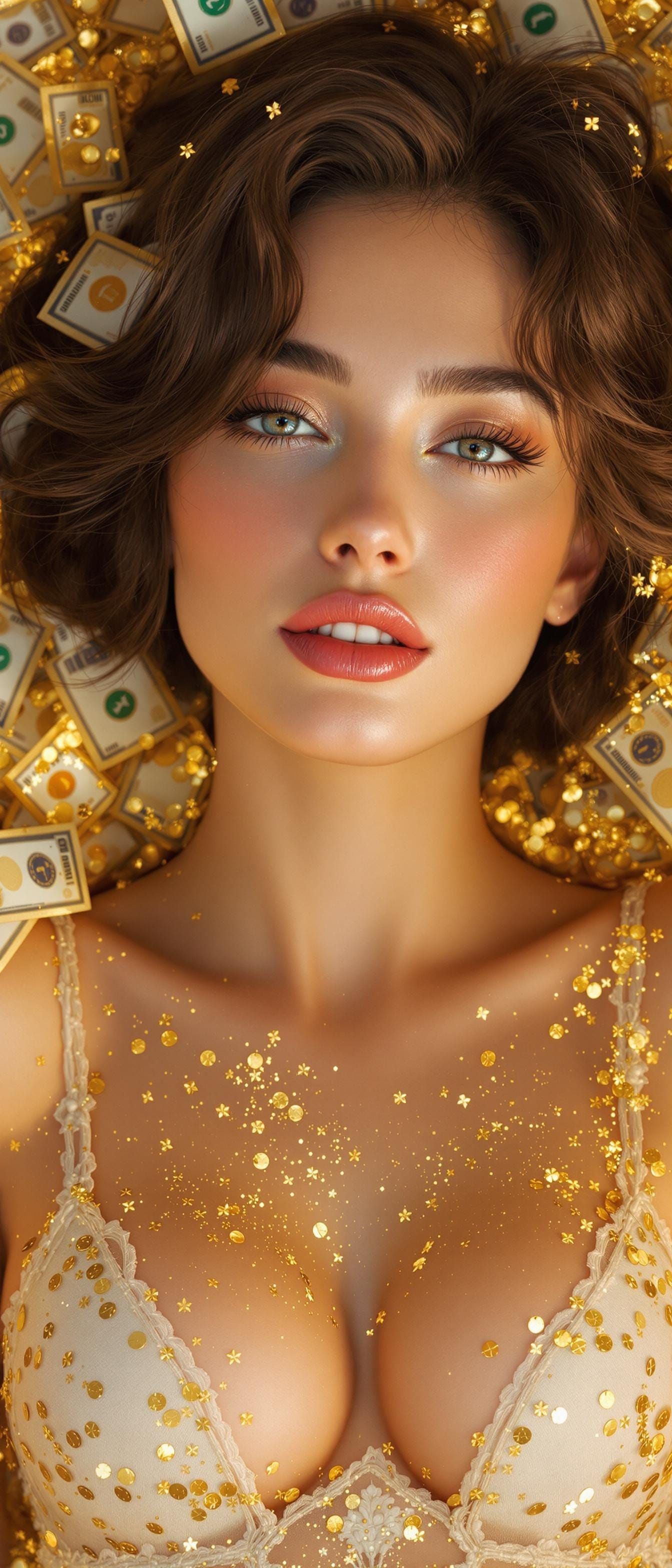 Radiant Woman Reclining in Banknotes, High-Fashion Style