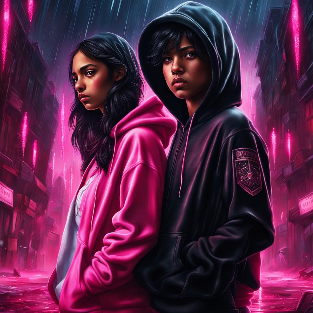 Dramatic Portrait of Two Figures in Blood Rain