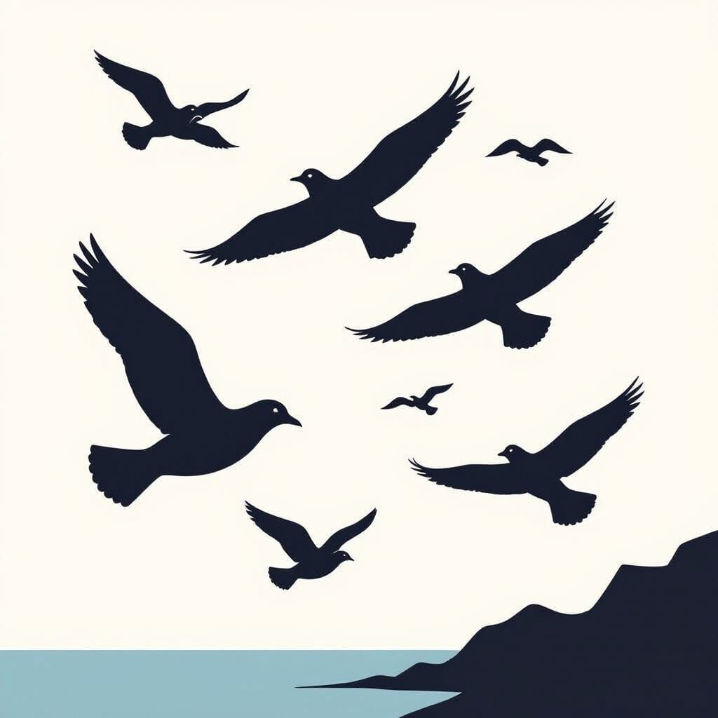 Minimalist Seagulls and Doves in Mid-Century Poster Style