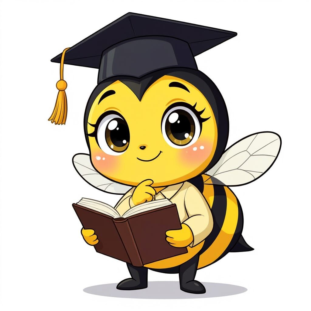 Cartoon Bee Mascot in Graduation Cap with Book