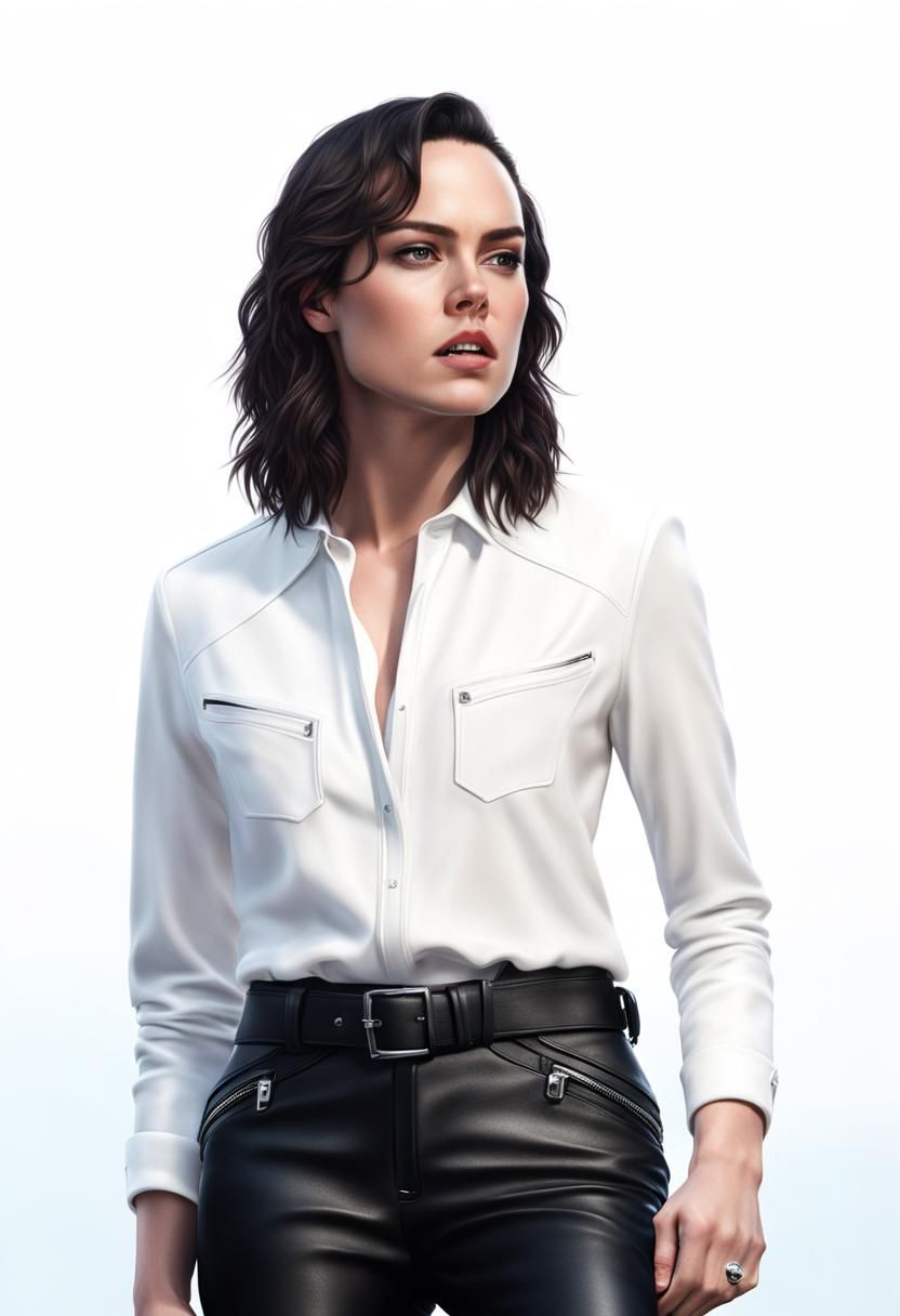 Daisy Ridley Ultrarealistic Portrait in Leather Biker Outfit