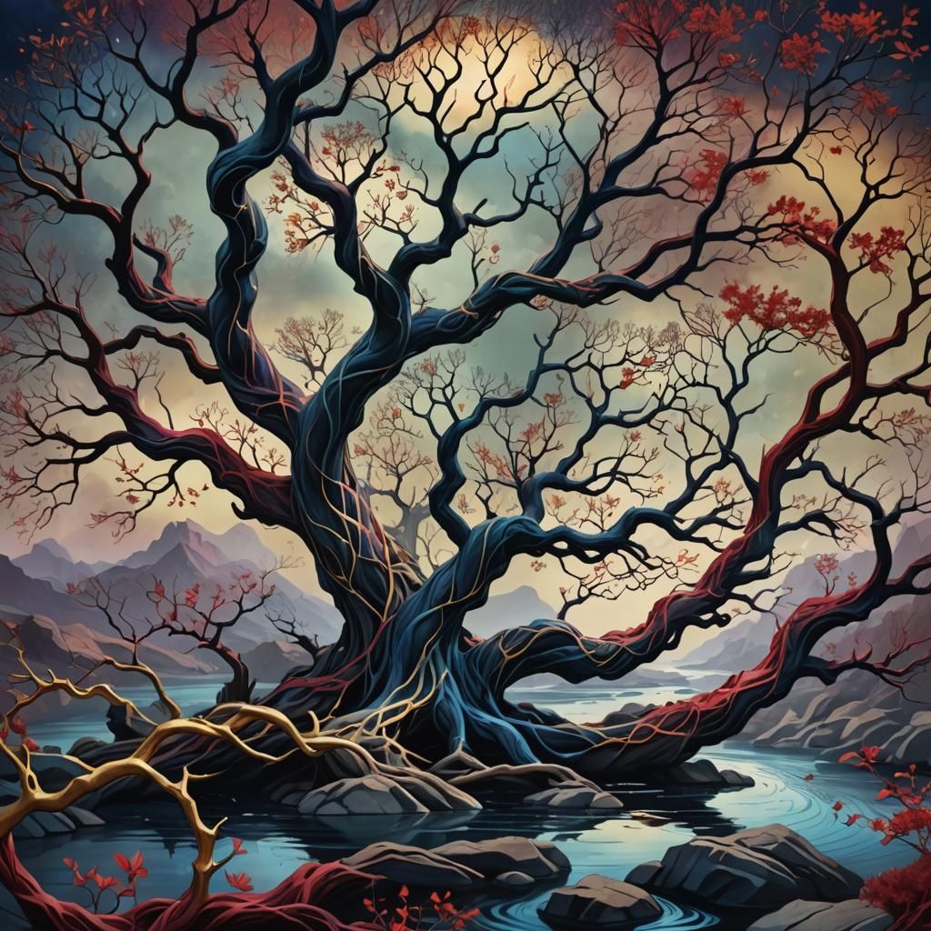 Dark Fantasy River Scene in Chromatic Aberration Style