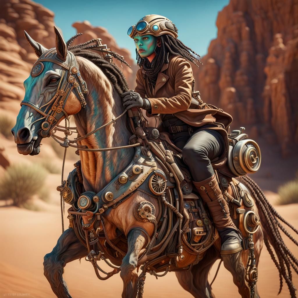 Steampunk Alien Traveler on Horse in Cinematic Realism