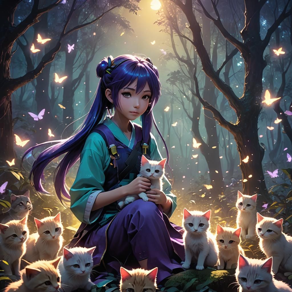 Hatsune Miku with Kittens in Moonlit Forest