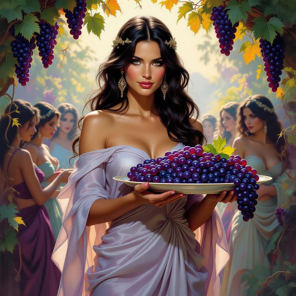 Woman Brings Grapes to Bacchanal in Fantasy Art Style