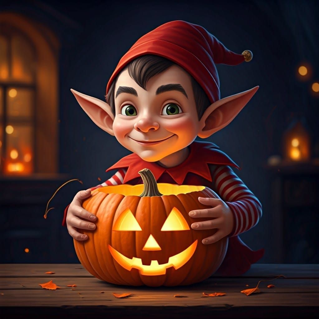 Halloween Elf Carving a Pumpkin