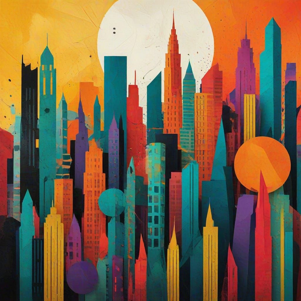 Vibrant Multicolored City Skyline Collage Art