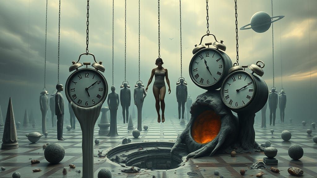 Surrealist Scene of Humans in Timeless Stasis