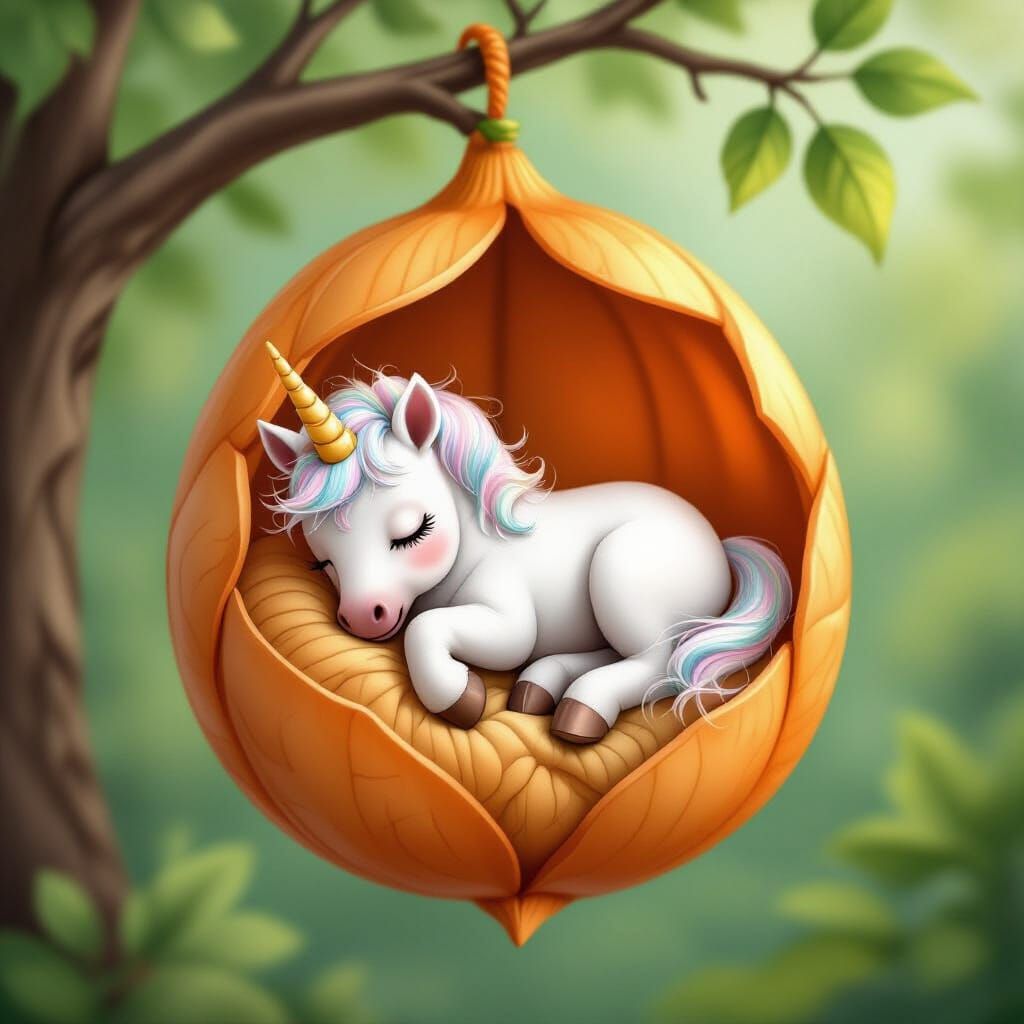 Sleeping Unicorn in Seed Pod: Fantasy Illustration