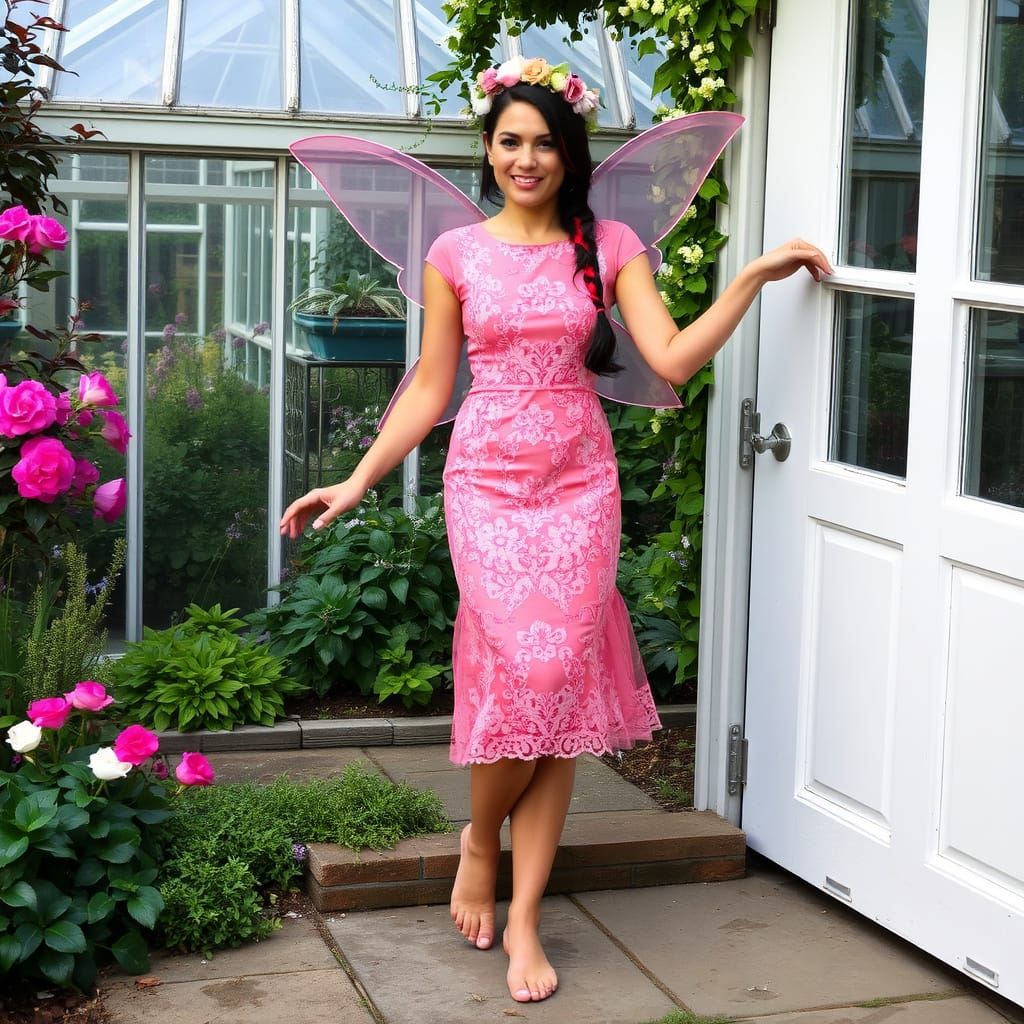 Singer in Pink Fairy Costume Dancing in Garden