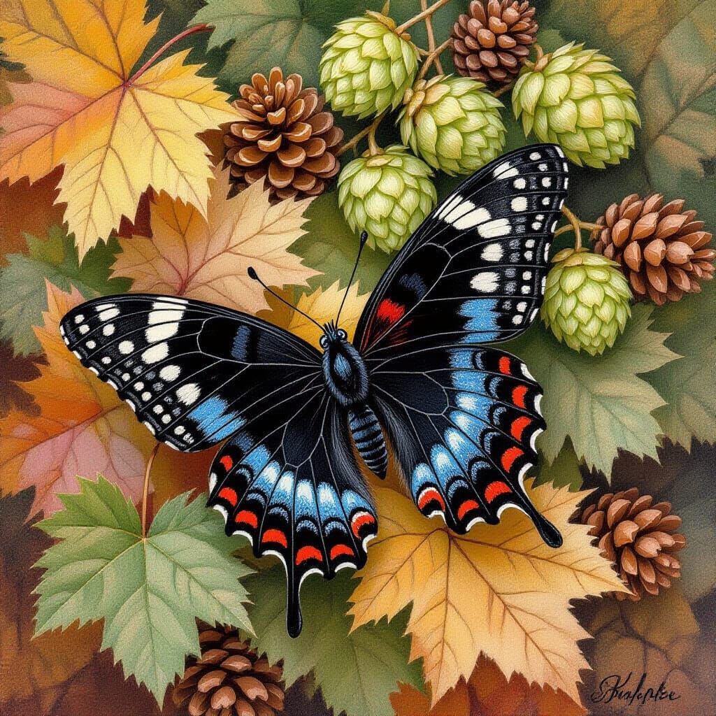 Fall Leaves with Butterfly in Soft Pastel Style