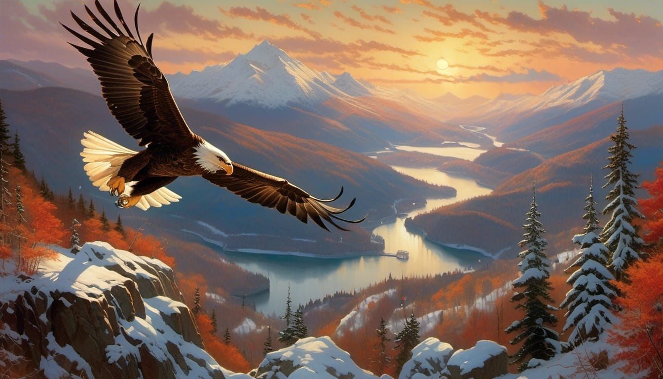 Eagle Soars Over Snowy Mountain Sunset, Art Nouveau Style