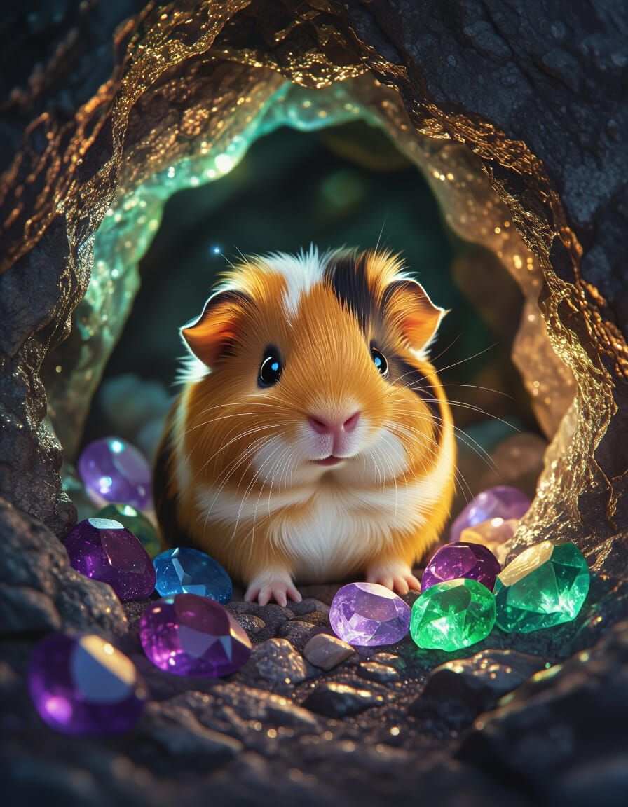 Guinea Pig in Crystal Cave with Gemstones