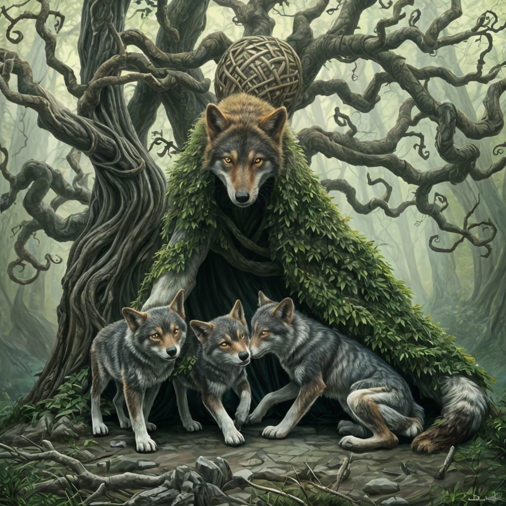 Ancient Celtic Forest Scene with Mother Wolf and Cubs
