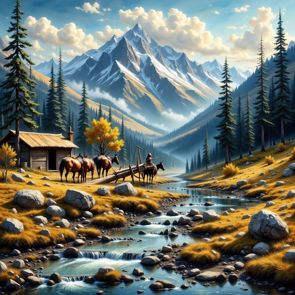 Rustic Hut in Mountainous Landscape, Hyperkraximalismus Styl...