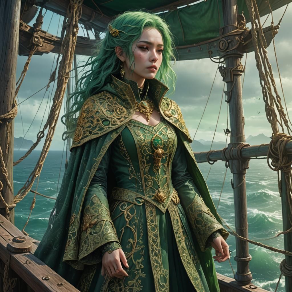 Green-Skinned Woman Gazing at Sea in Sci-Fi Style