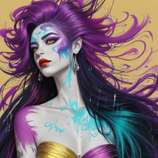 Abstract Expressionist Portrait of a Woman with Peacock Hair