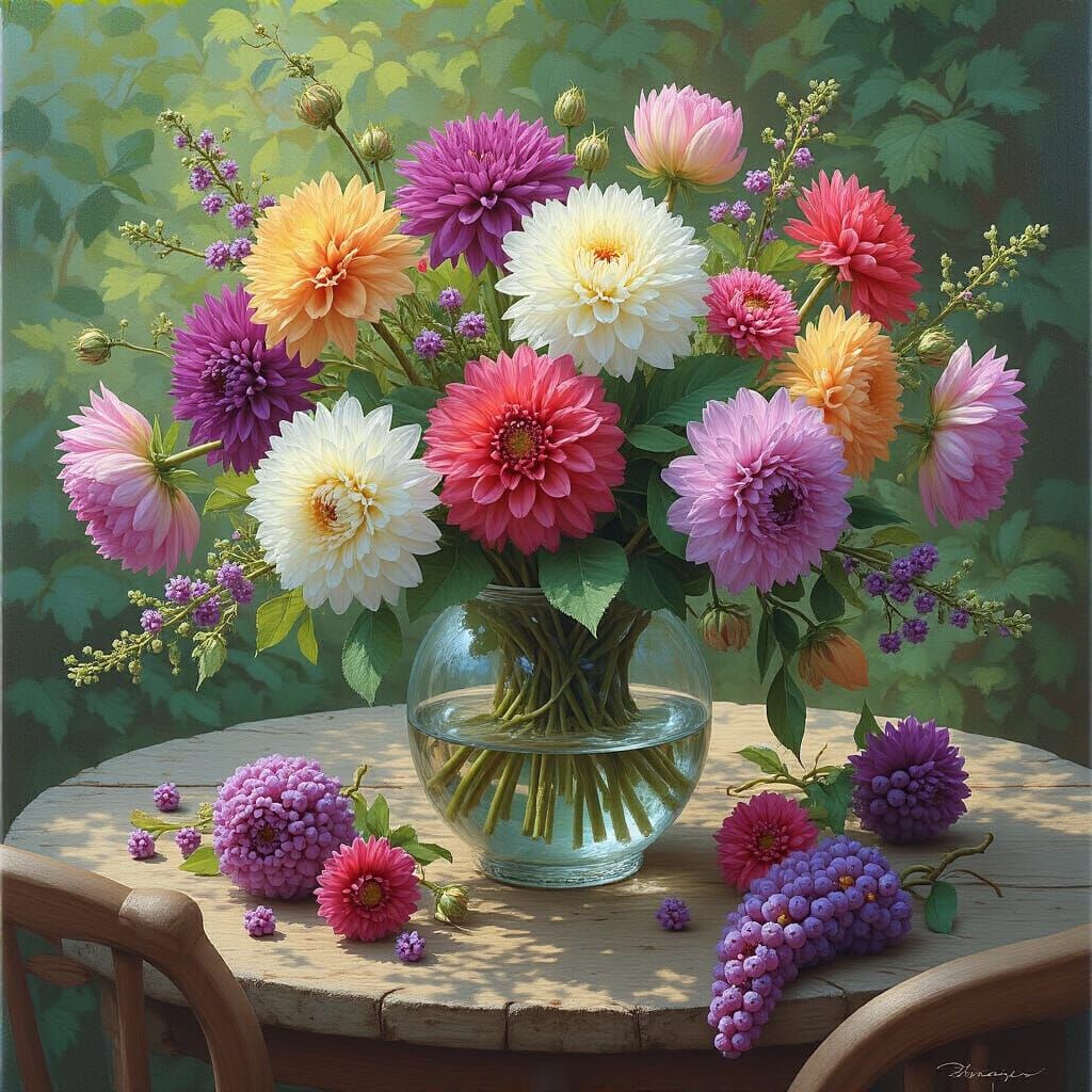 Dahlias in Jar, Impressionistic Oil Painting