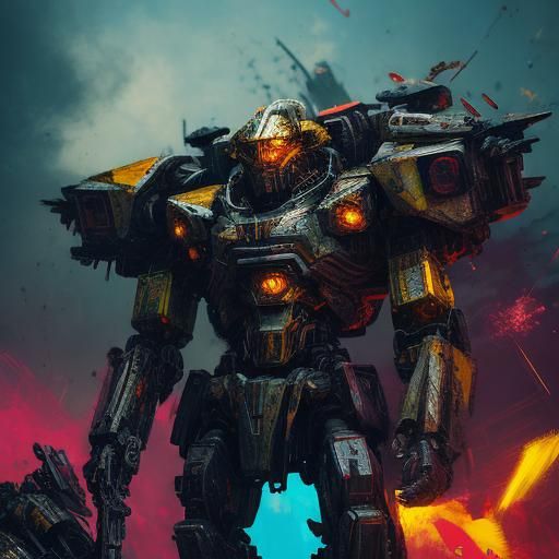 Brutal Mecha Battle in Oil Painting Style